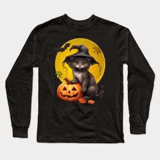 Black Cat In Witch Hat Harvest Moon Halloween Long Sleeve T-Shirt